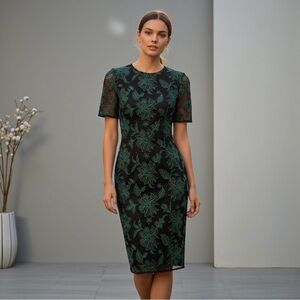 NWOT Tory Burch Blue Lace Appliqué Fishnet Sheath Dress Midi - Sz 6 MSRP $400